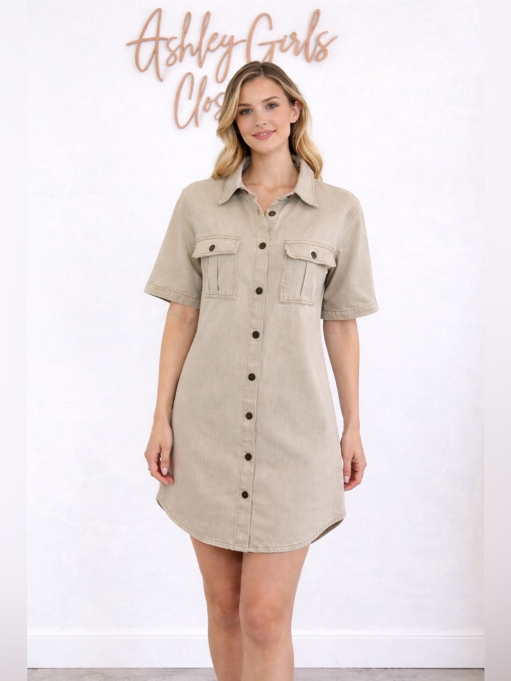 Button-Front Beige Shirt Dress - Billy j